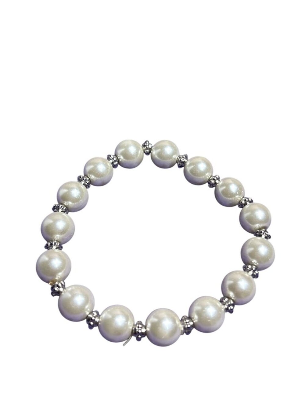 Glass Faux Pearl Silvertone Beaded Stretchy Bracelet 6.75 inches Unstretched